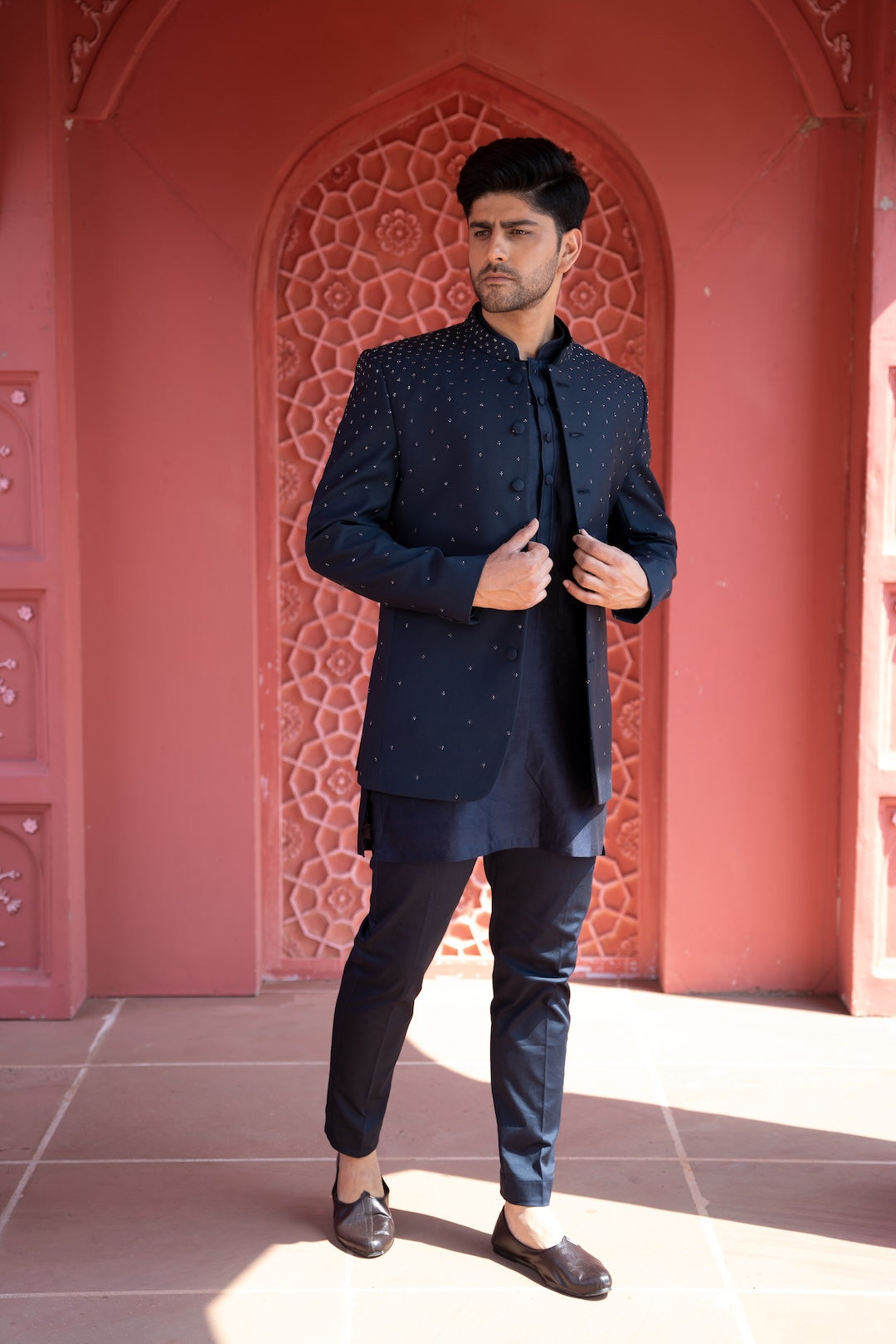 Navy Waterfall Indowestern Open Bandhgala