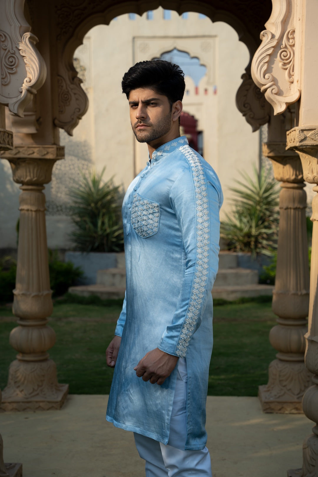 Ice Blue Satin Linen Shoulder Stripe Kurta Set