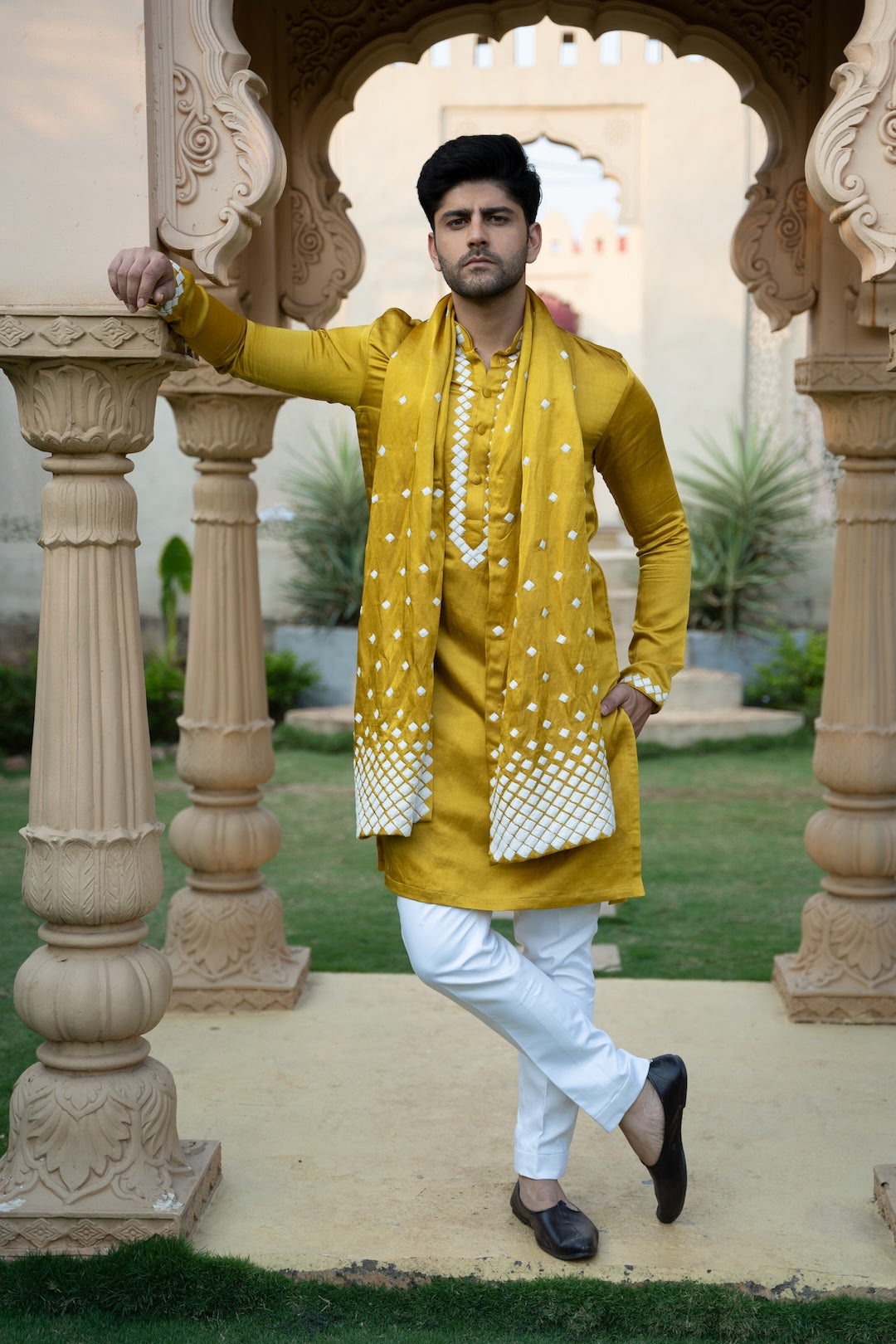 Mustard Scatter Stole Kurta Set