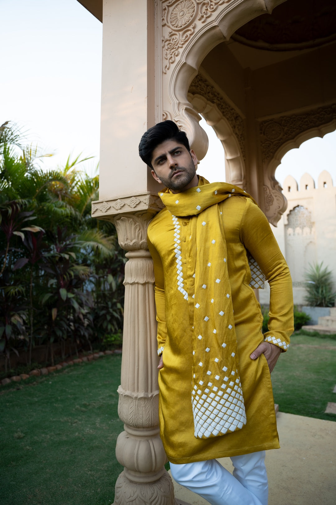 Mustard Scatter Stole Kurta Set