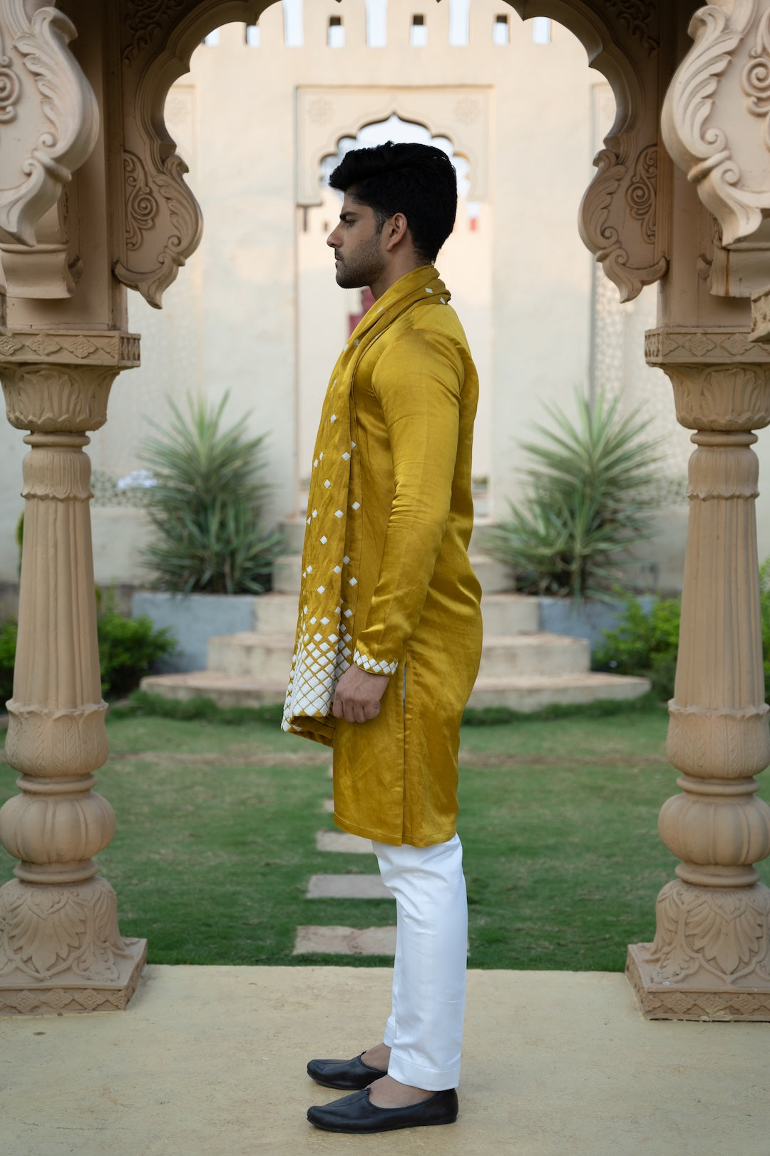 Mustard Scatter Stole Kurta Set