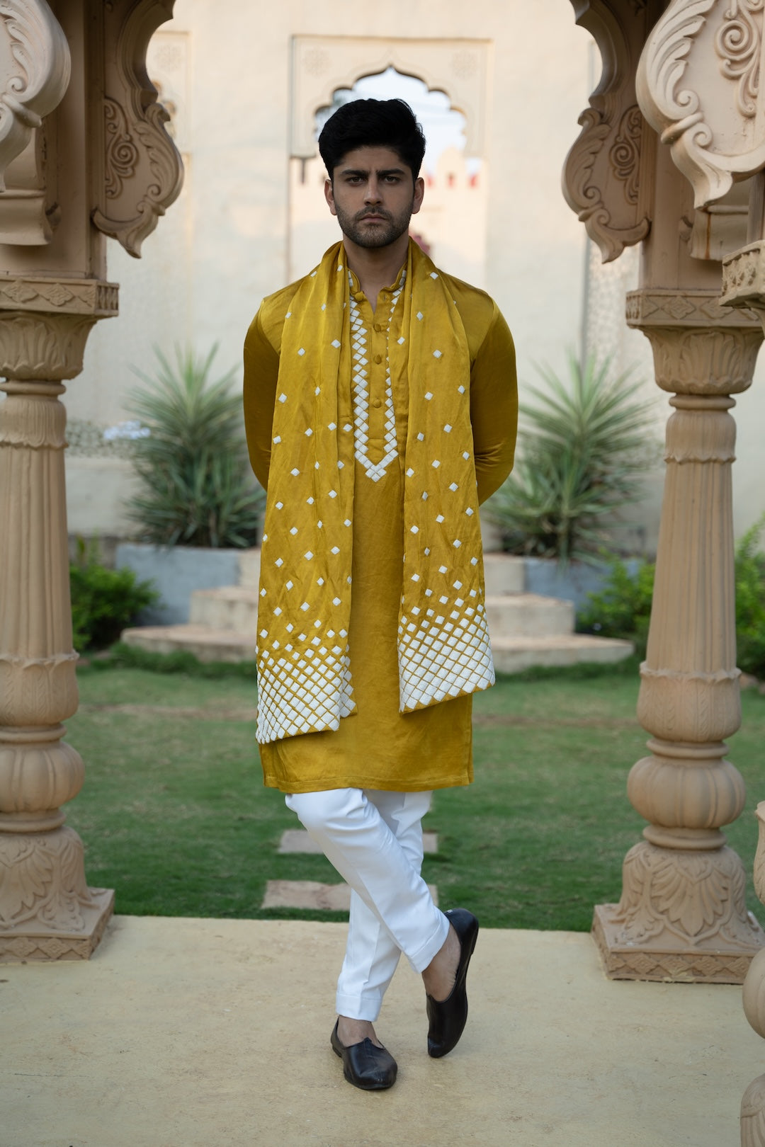 Mustard Scatter Stole Kurta Set
