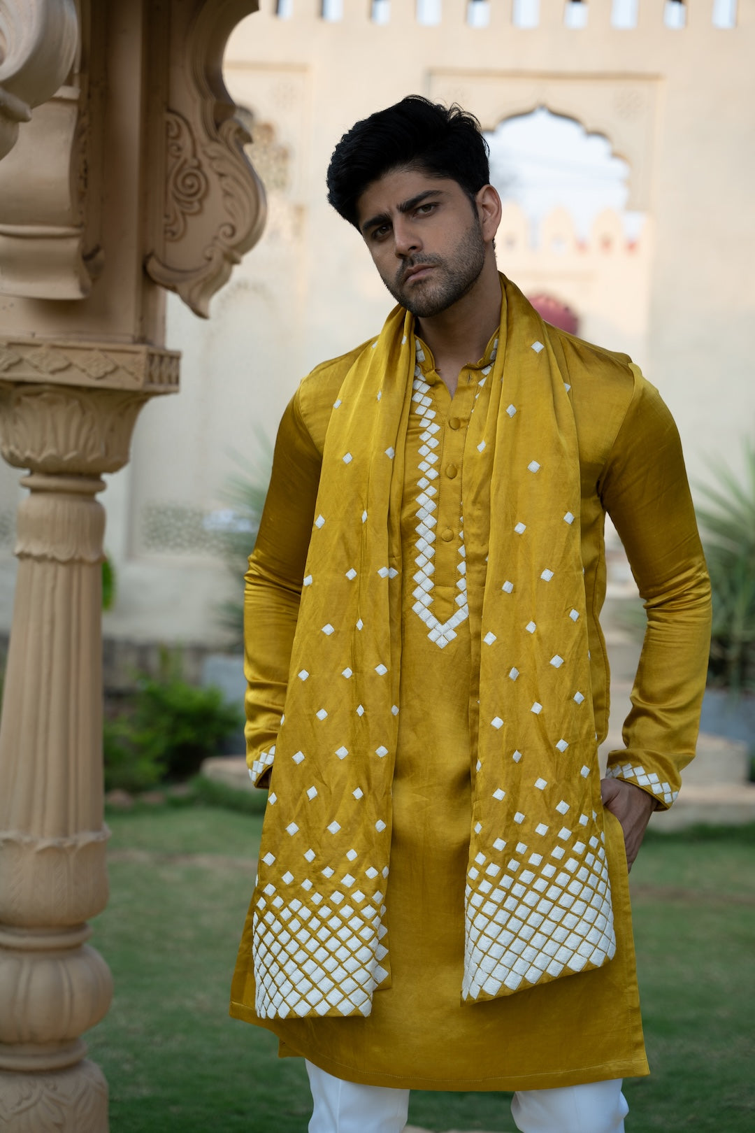 Mustard Scatter Stole Kurta Set