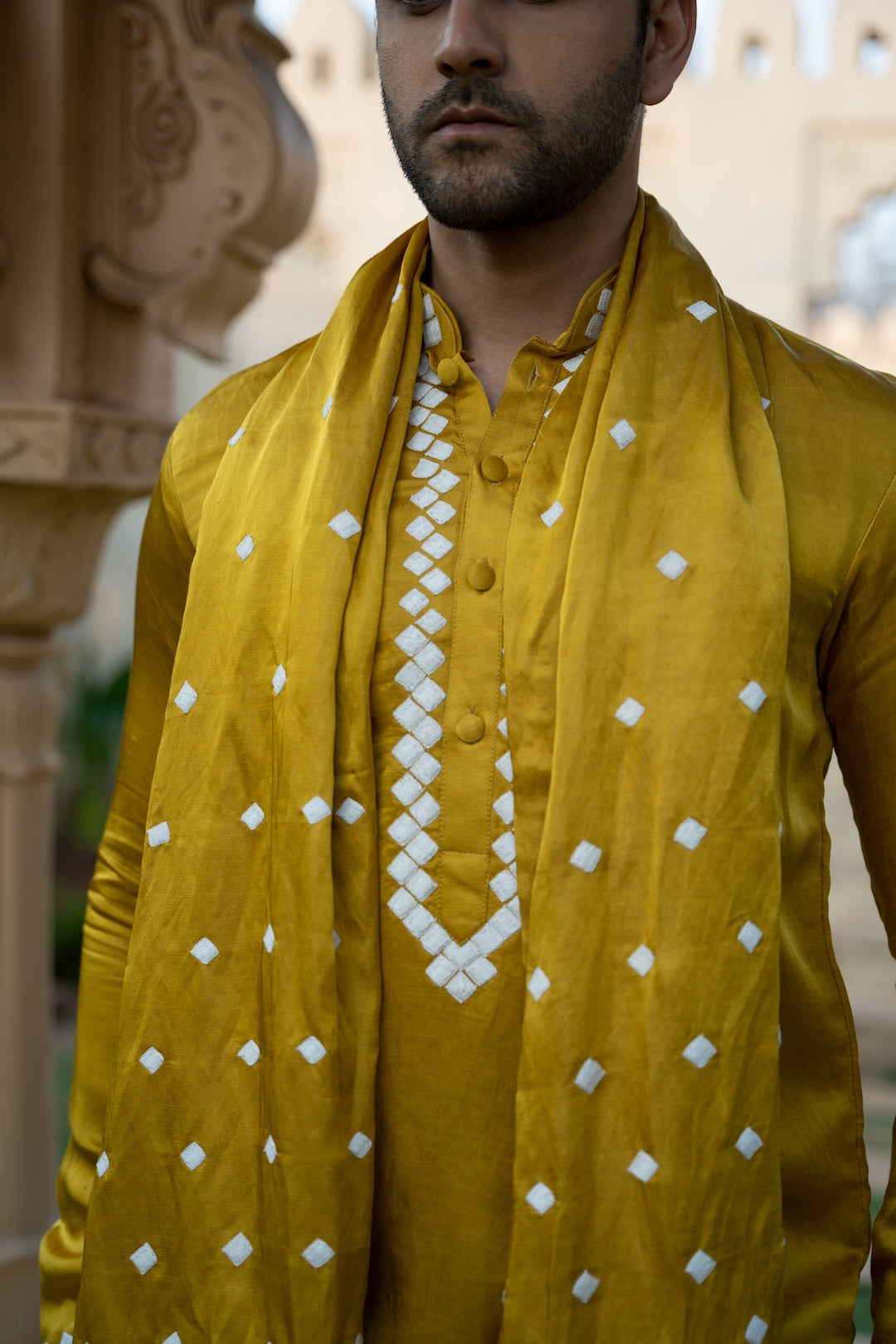 Mustard Scatter Stole Kurta Set