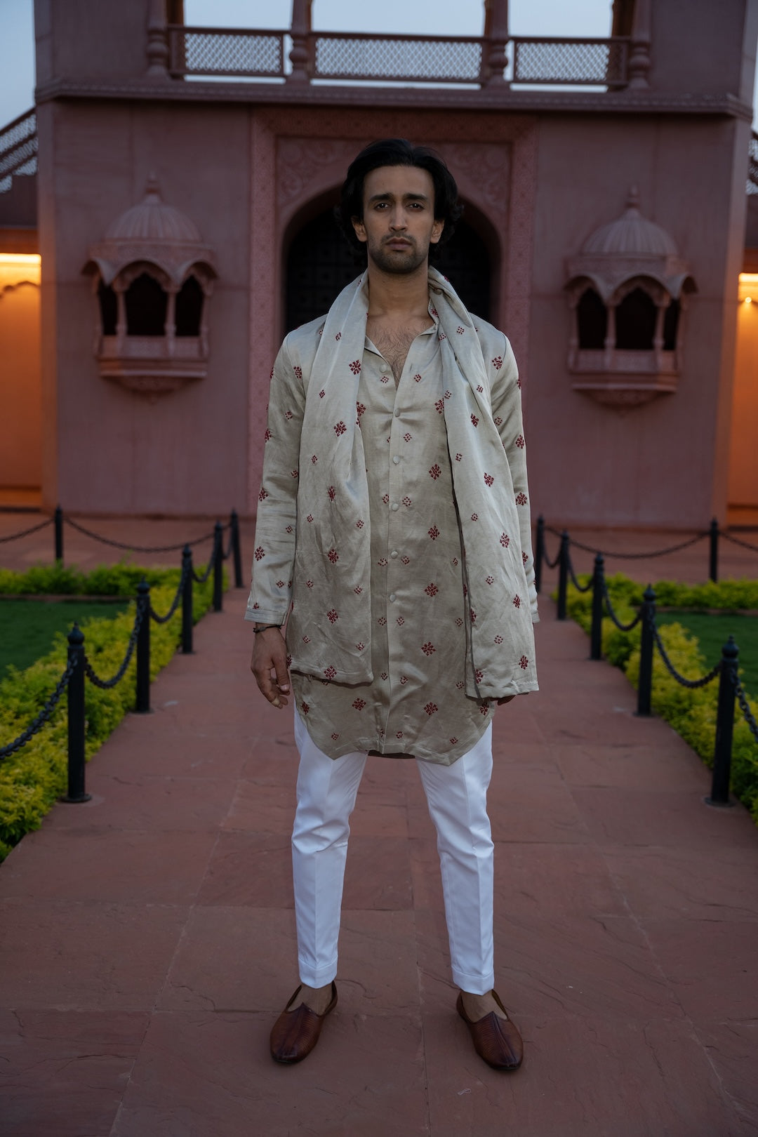Champagne Bandhej Kurta Stole Set