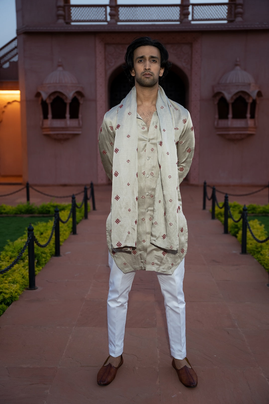 Champagne Bandhej Kurta Stole Set