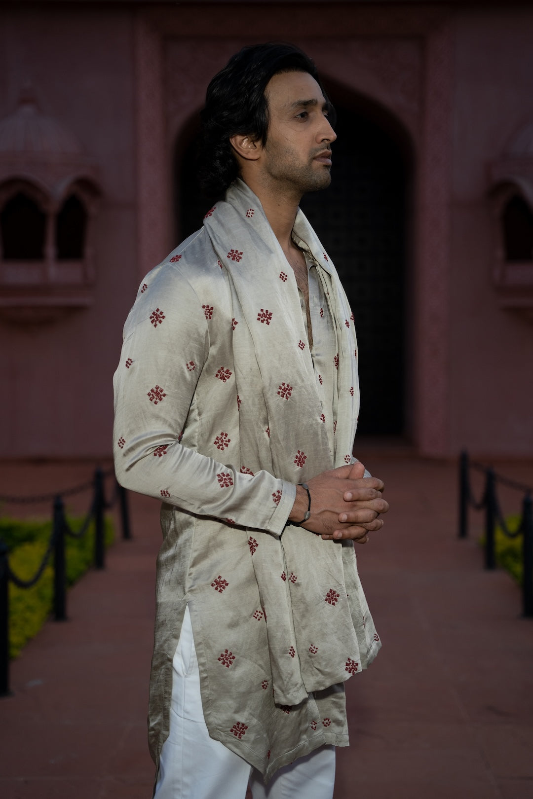 Champagne Bandhej Kurta Stole Set