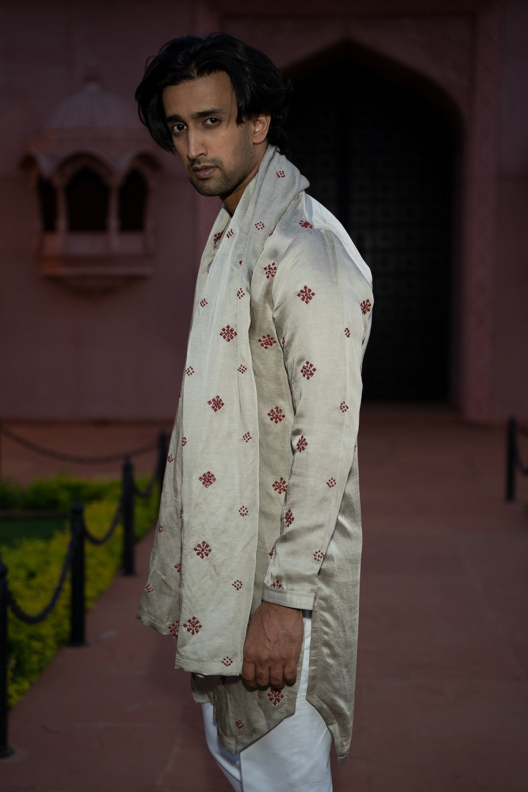 Champagne Bandhej Kurta Stole Set