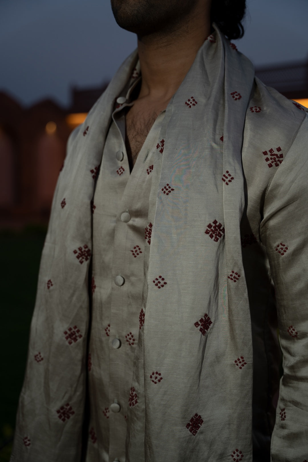 Champagne Bandhej Kurta Stole Set