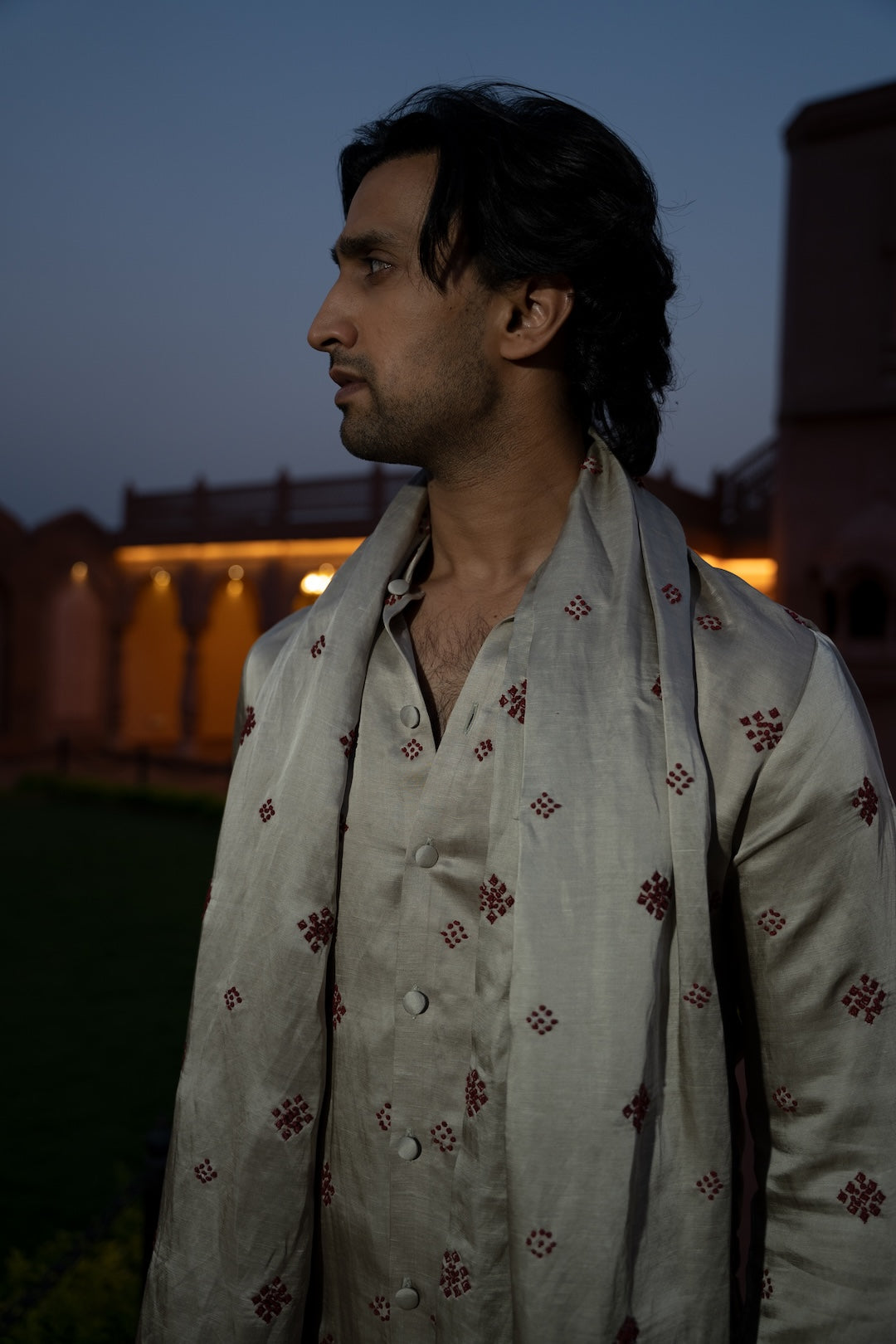 Champagne Bandhej Kurta Stole Set