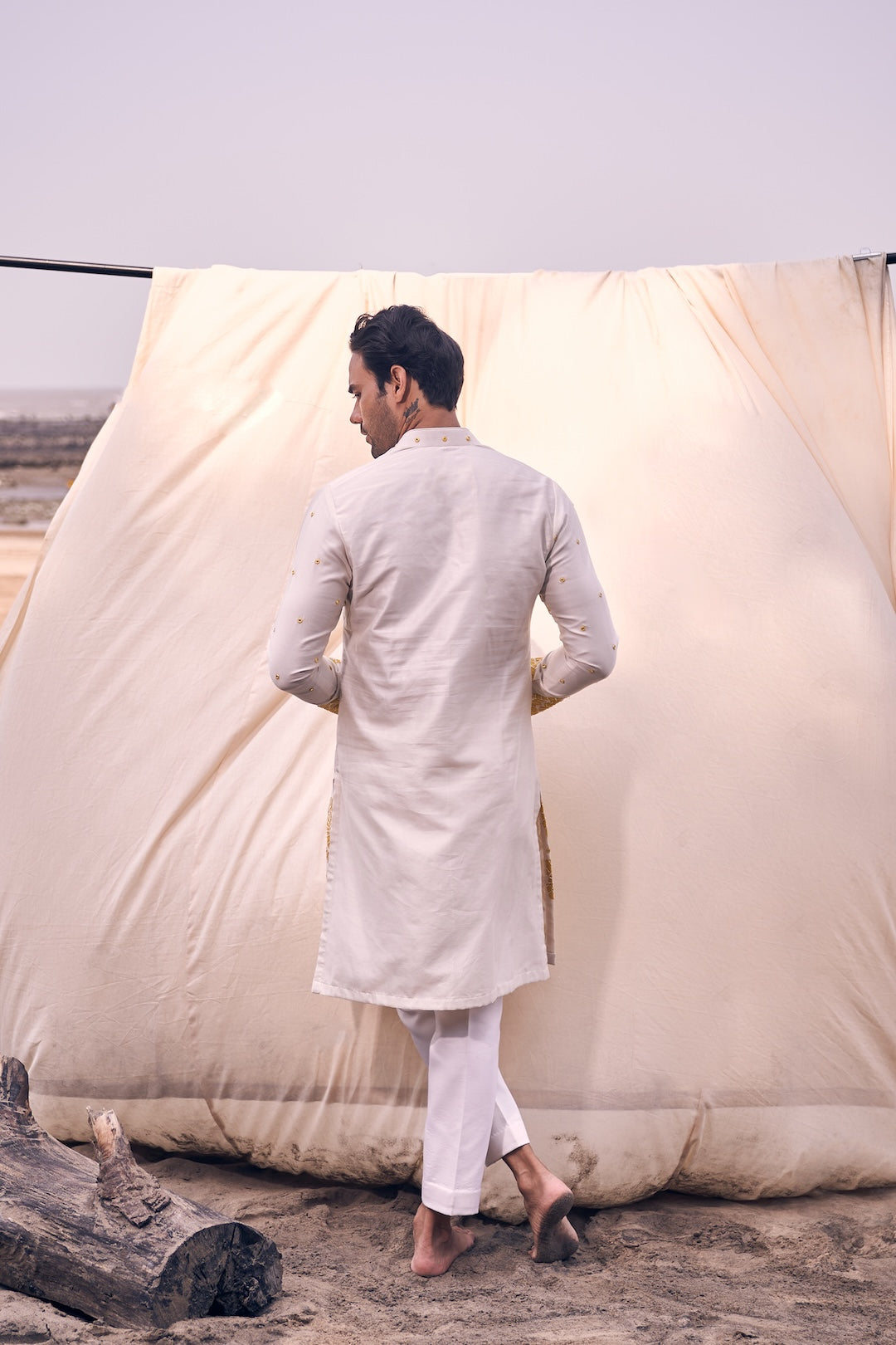 Applique Floral Embroidery On Ivory Kurta