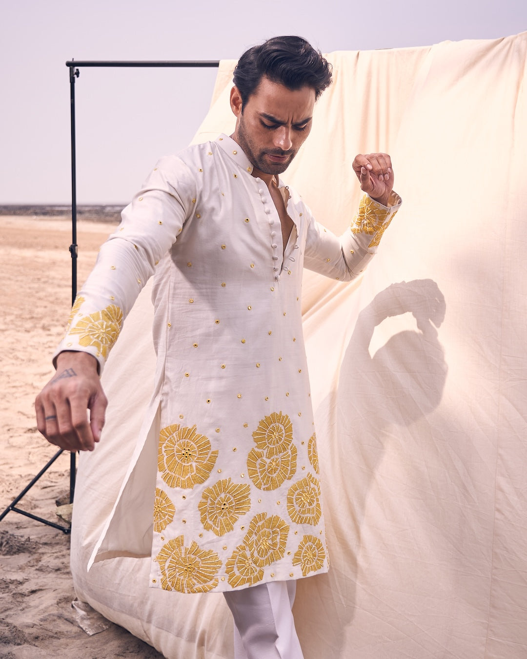 Applique Floral Embroidery On Ivory Kurta