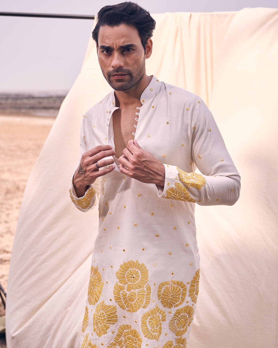 Applique Floral Embroidery On Ivory Kurta