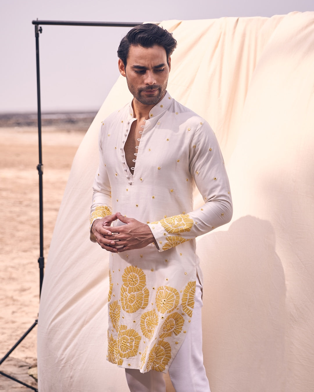 Applique Floral Embroidery On Ivory Kurta