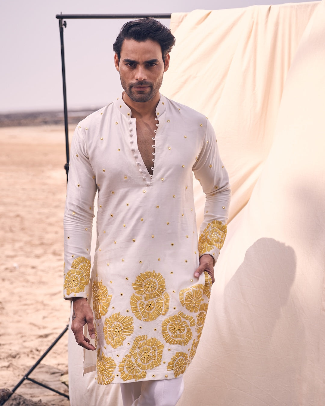 Applique Floral Embroidery On Ivory Kurta