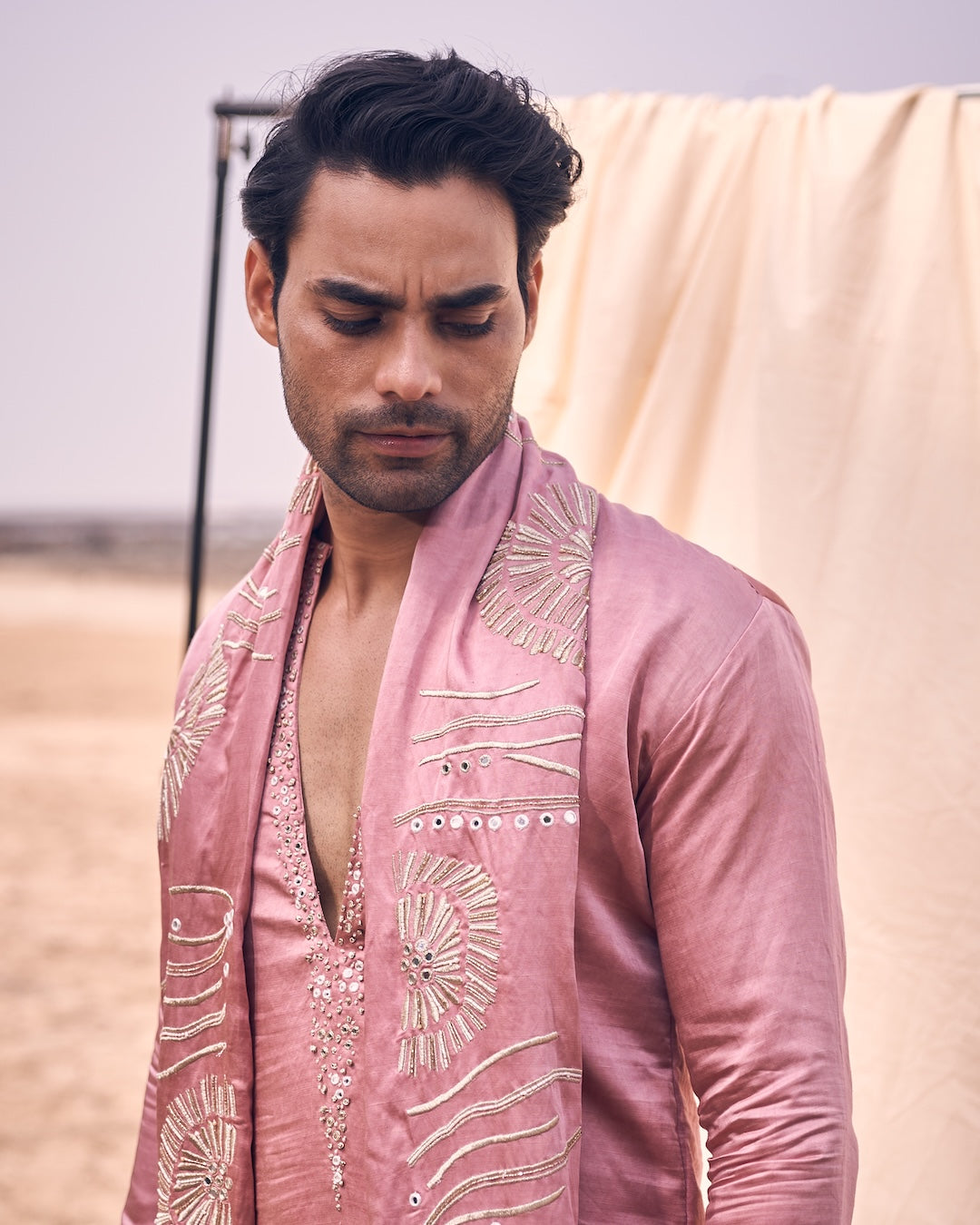 Pink V Neck Floral Embroidery Dupatta Set