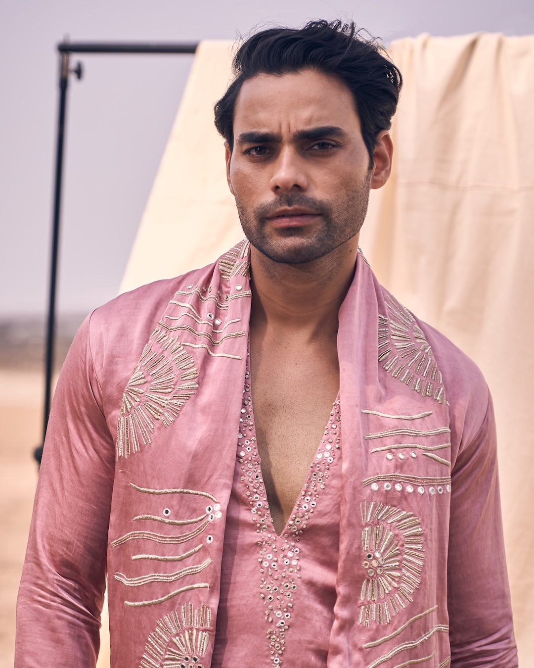 Pink V Neck Floral Embroidery Dupatta Set