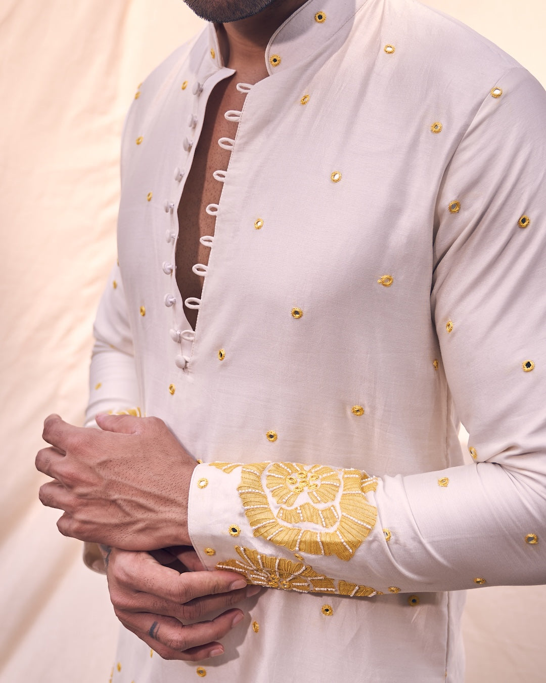 Applique Floral Embroidery On Ivory Kurta