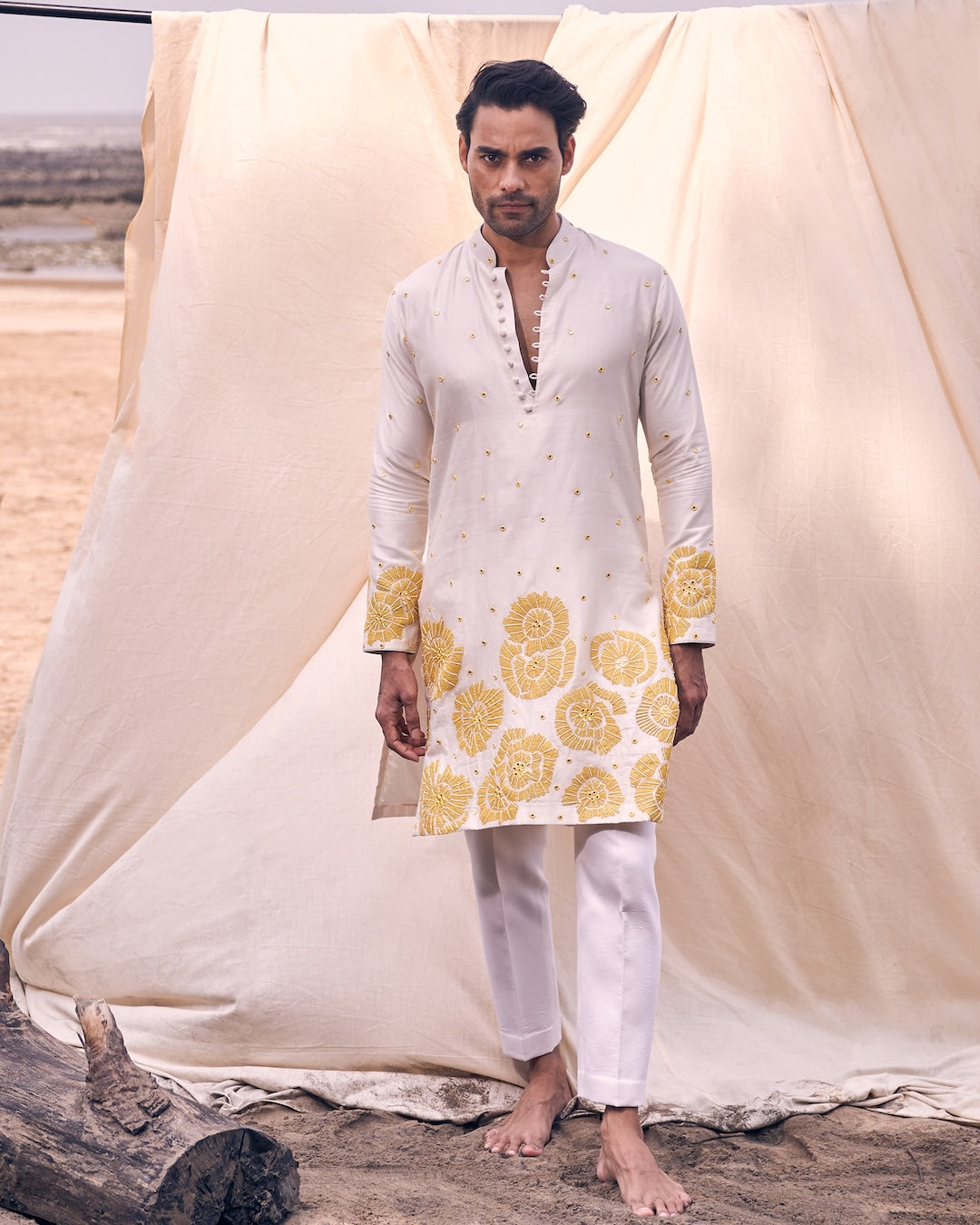 Applique Floral Embroidery On Ivory Kurta