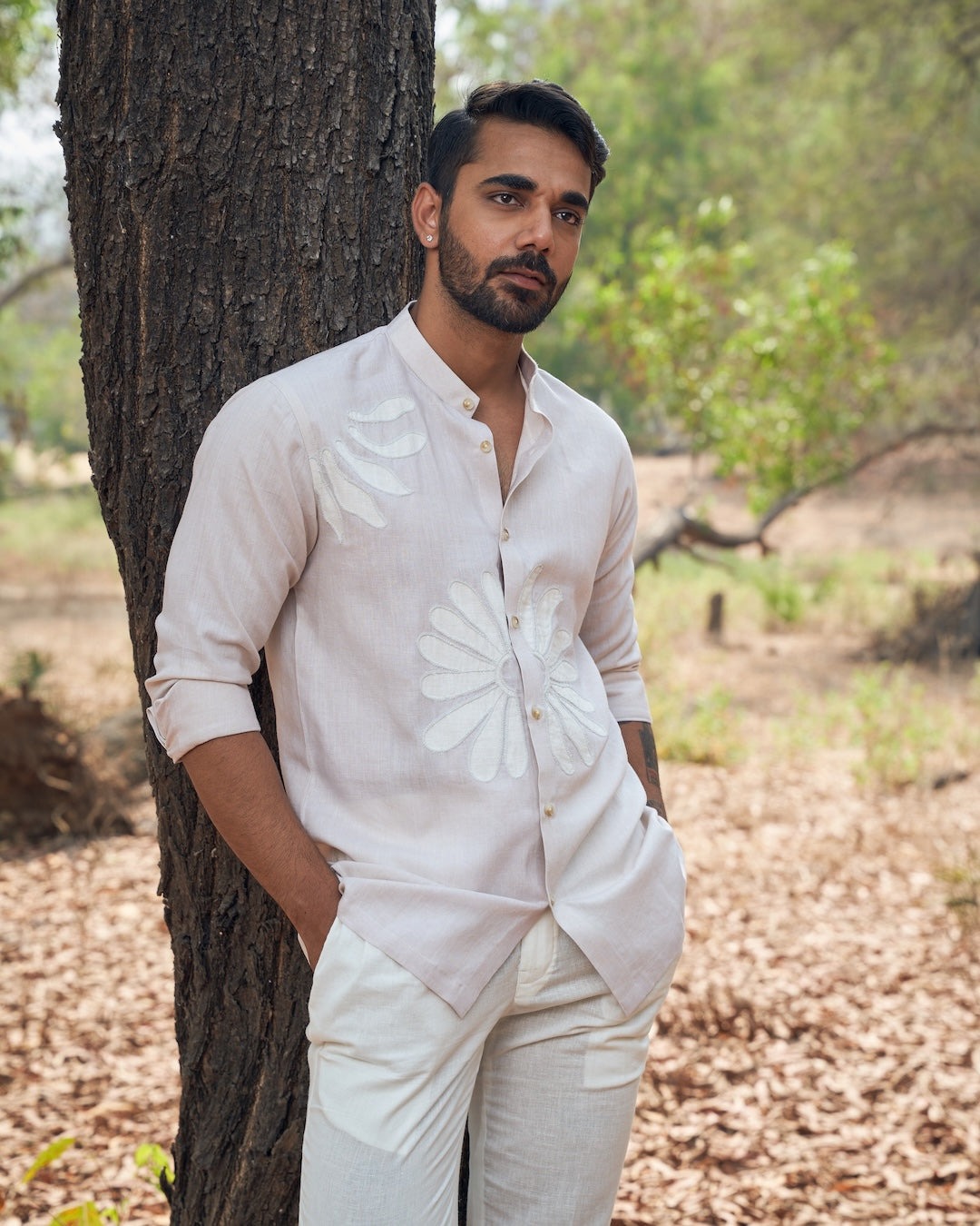 Flower Applique Linen Shirt