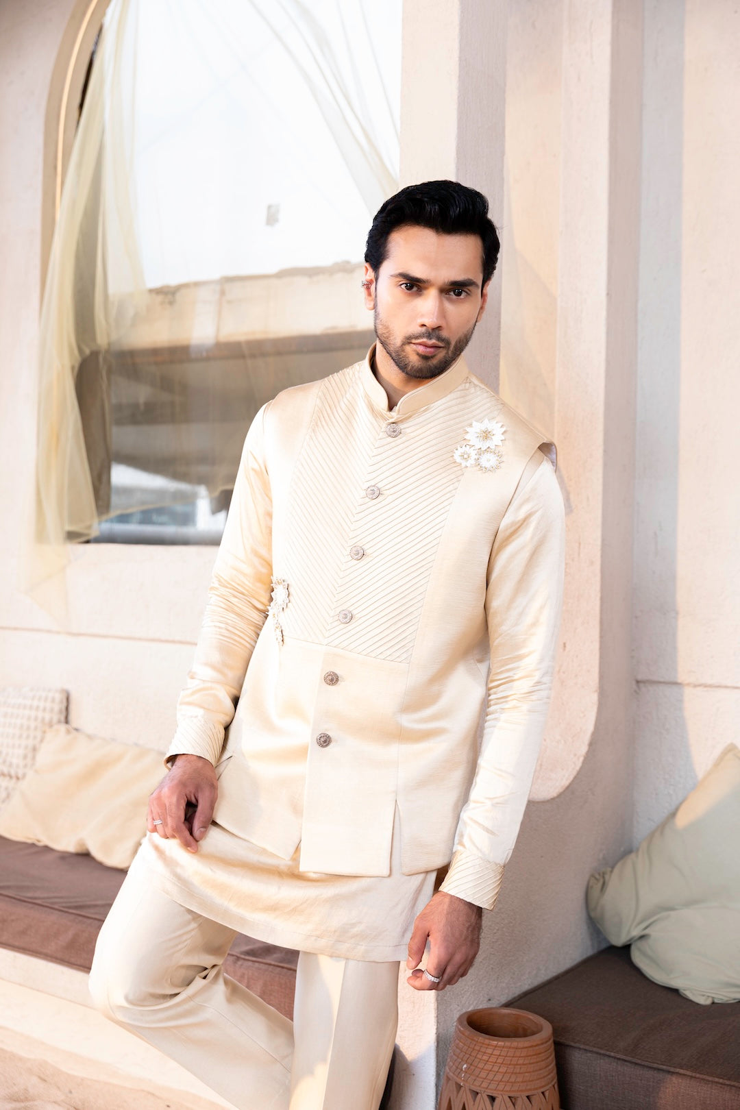 Pin Tucks Flower Bandi Kurta Sets