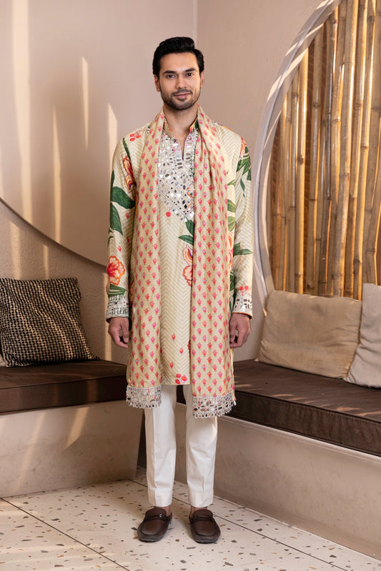 Mosaic Floral Printed Kurta with Mirror Work & Stole Set