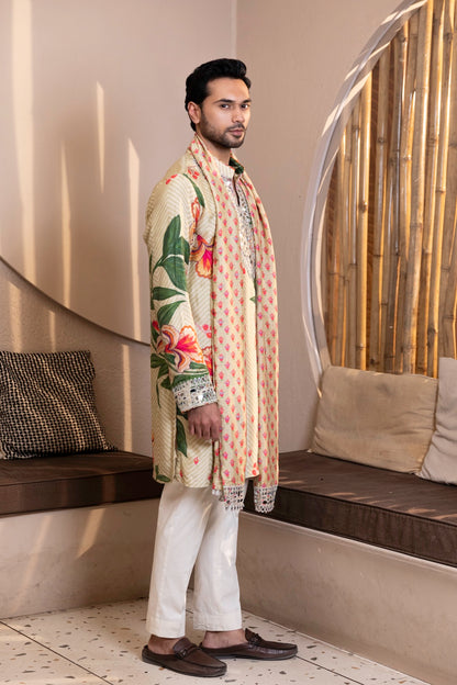 Mosaic Floral Printed Kurta with Mirror Work & Stole Set
