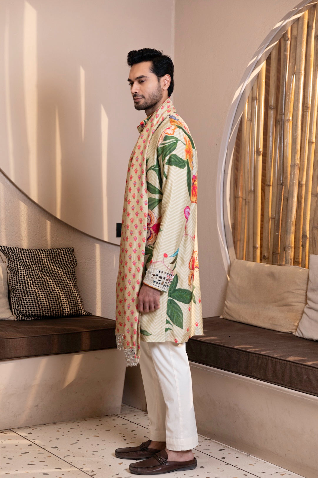 Mosaic Floral Printed Kurta with Mirror Work & Stole Set