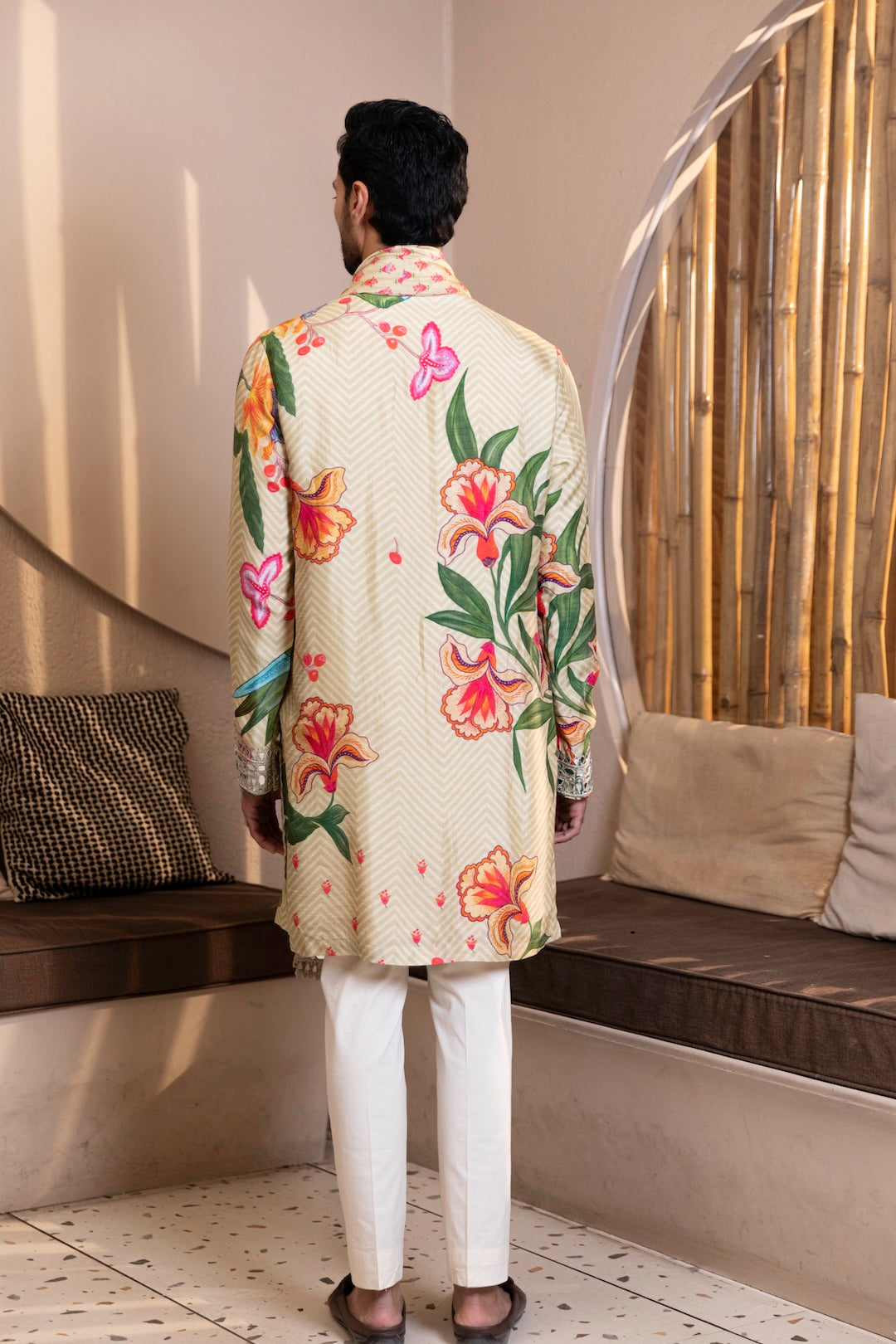 Mosaic Floral Printed Kurta with Mirror Work & Stole Set