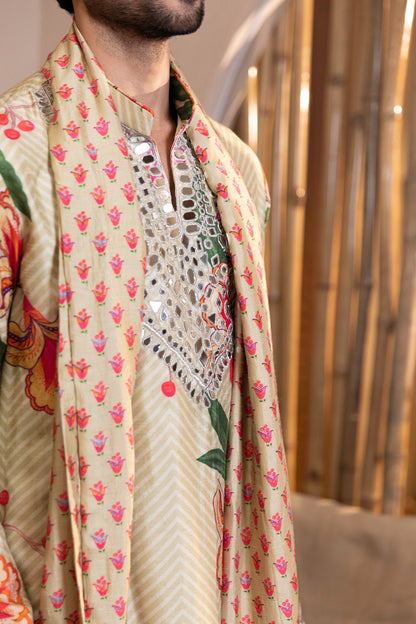 Mosaic Floral Printed Kurta with Mirror Work & Stole Set