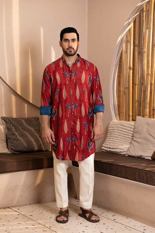 Palm Tree Print Kurta with Rollover Set