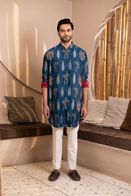 Palm Tree Print Kurta with Rollover Set
