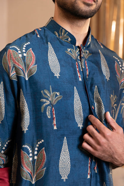 Palm Tree Print Kurta with Rollover Set