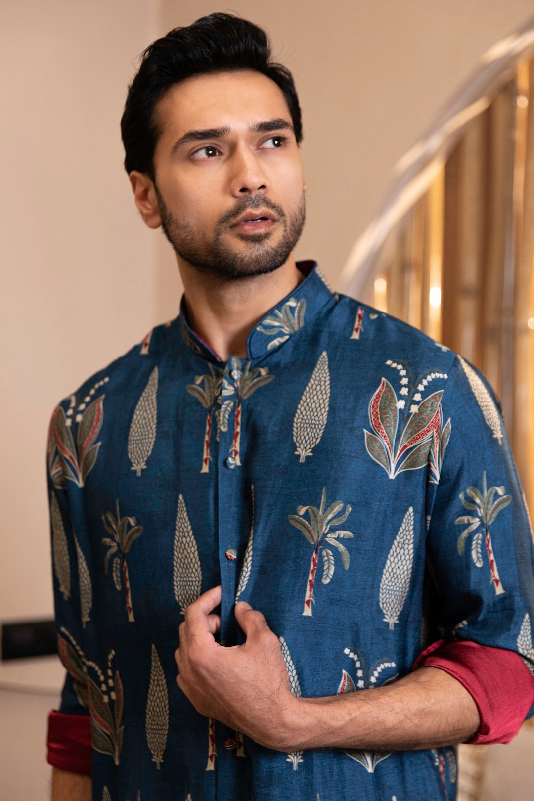 Palm Tree Print Kurta with Rollover Set