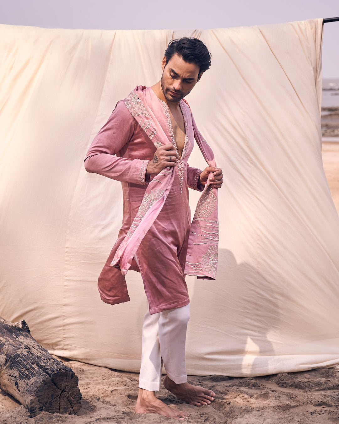 Pink V Neck Floral Embroidery Dupatta Set
