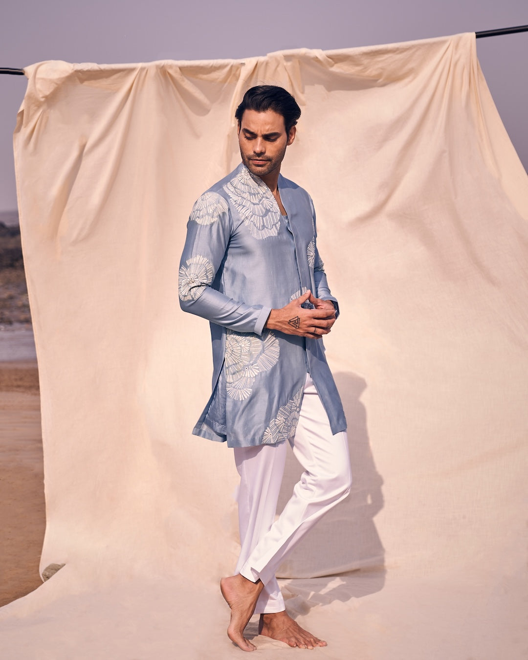 Short Front Open Kurta With Floral Embroidery