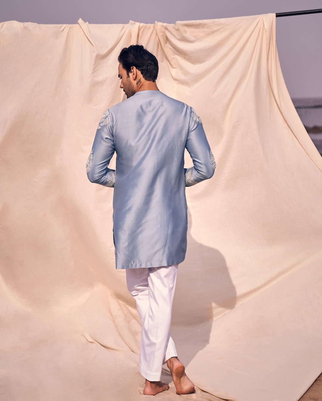 Short Front Open Kurta With Floral Embroidery
