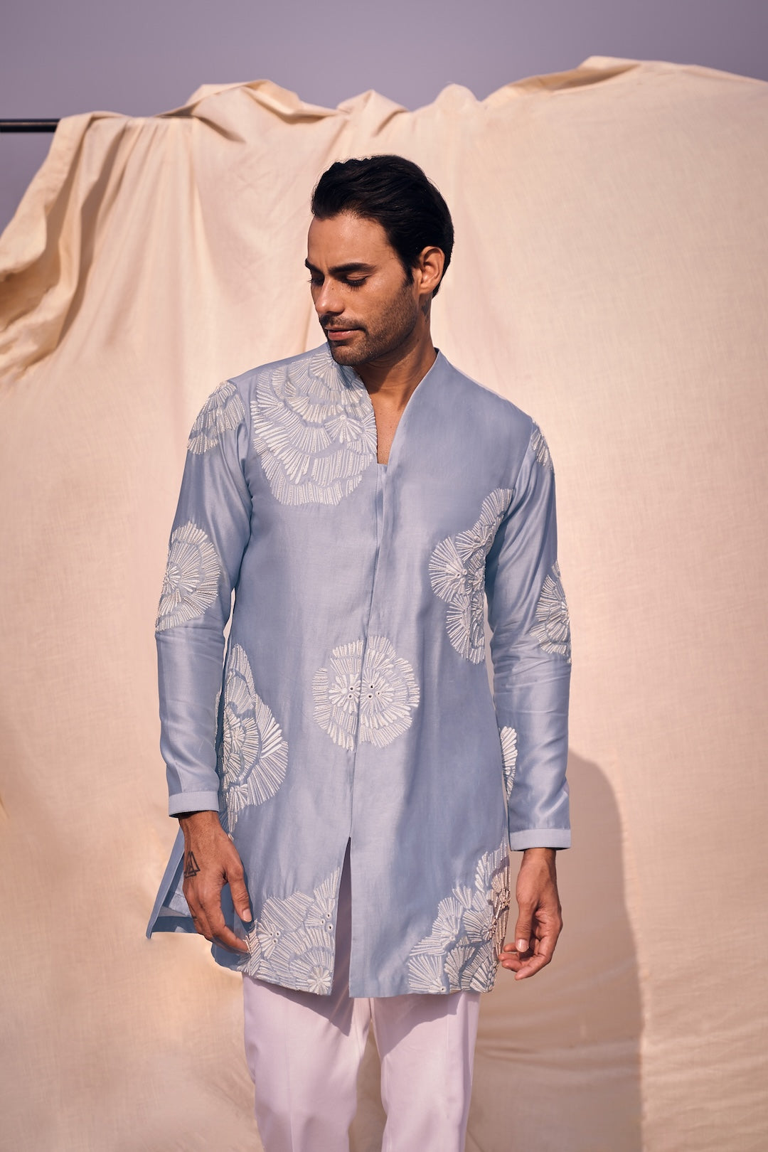 Short Front Open Kurta With Floral Embroidery