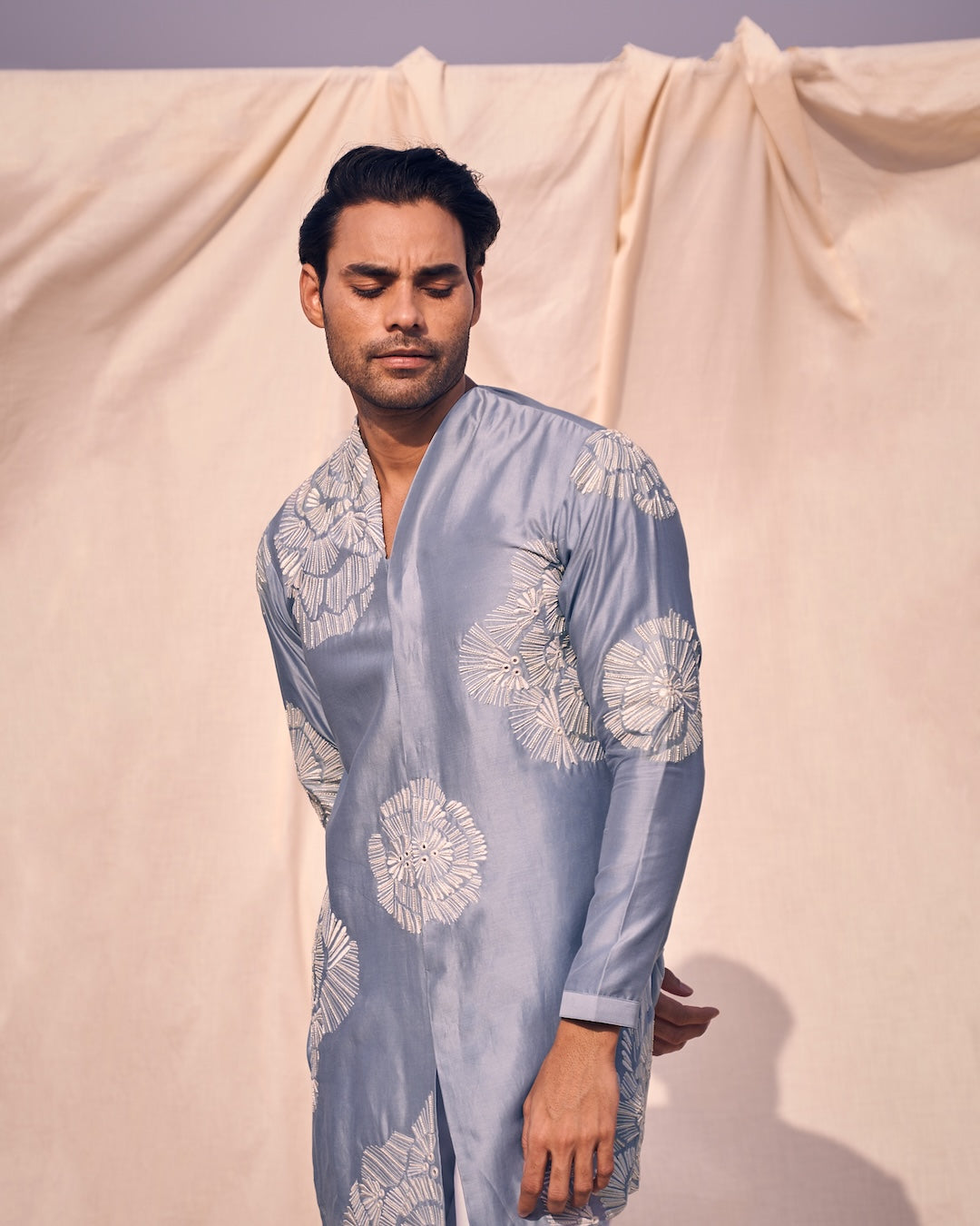 Short Front Open Kurta With Floral Embroidery