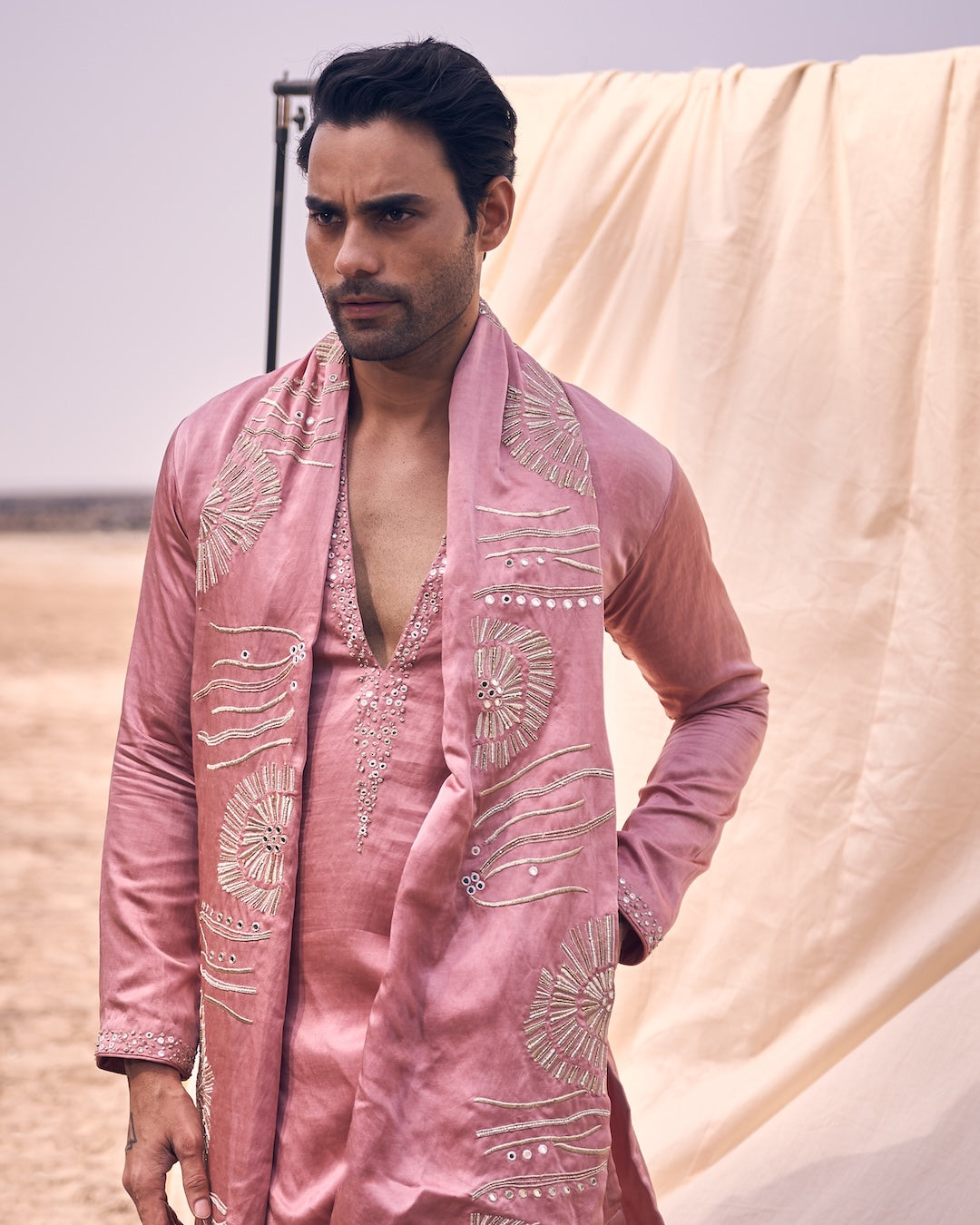 Pink V Neck Floral Embroidery Dupatta Set