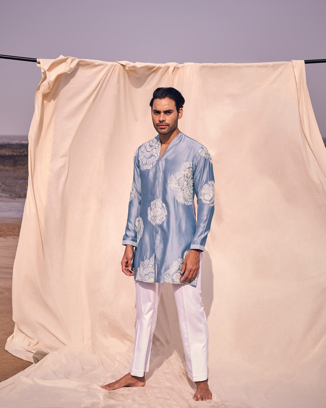 Short Front Open Kurta With Floral Embroidery