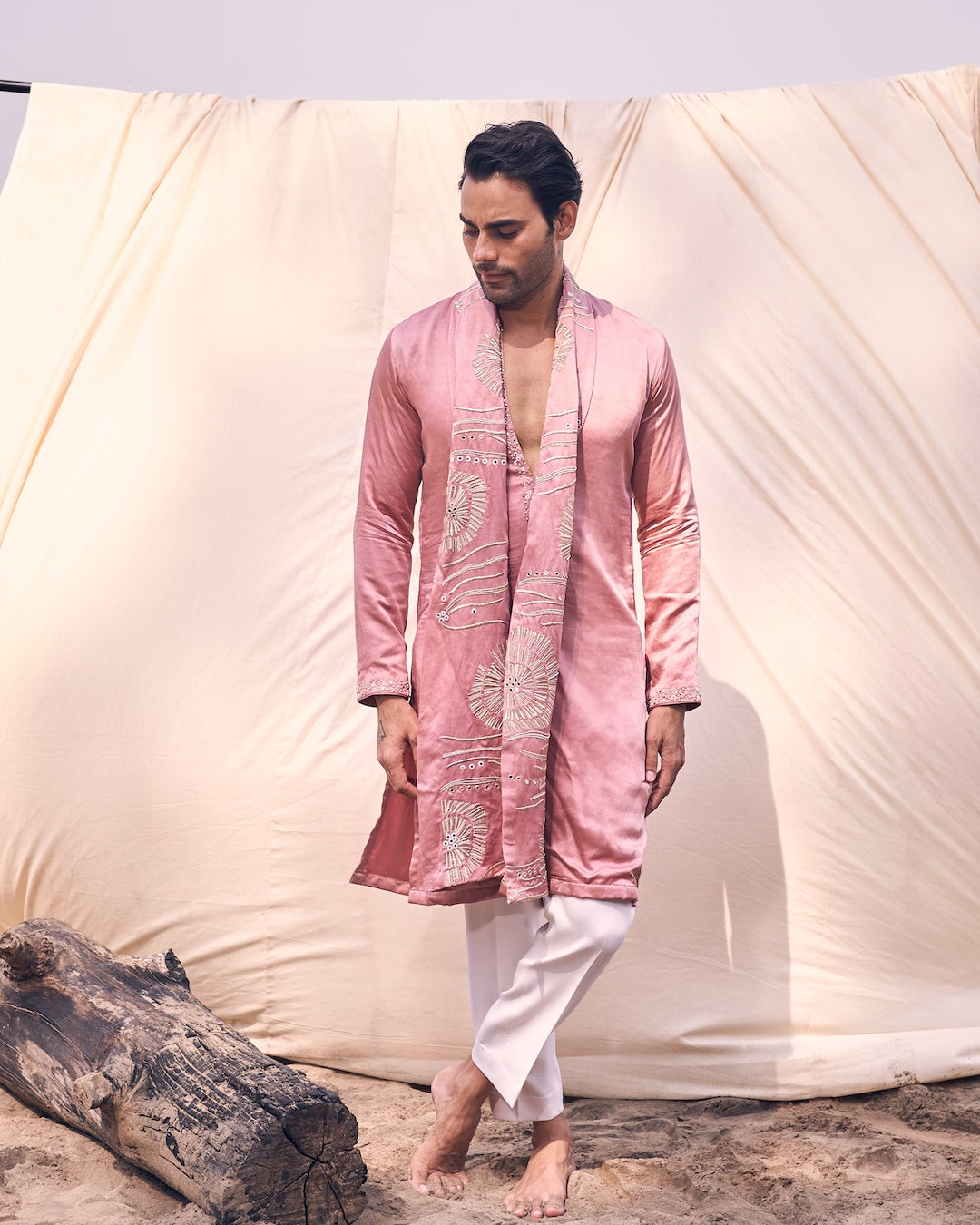 Pink V Neck Floral Embroidery Dupatta Set