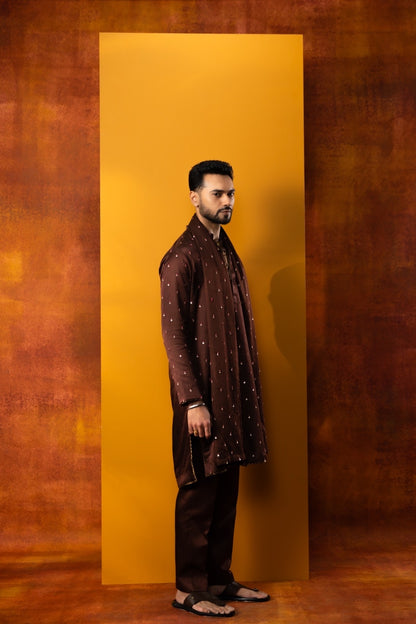 A man wearing a dark brown embroidered kurta and matching trousers stands in profile against a large mustard yellow rectangular backdrop, with a textured brown studio background.
